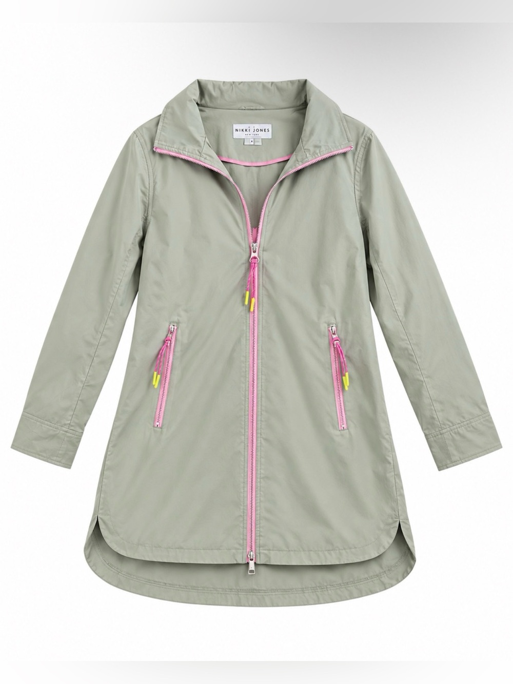 Nikki Jones Light Sage Zip-Front Raincoat with Pink Trim - Size Medium